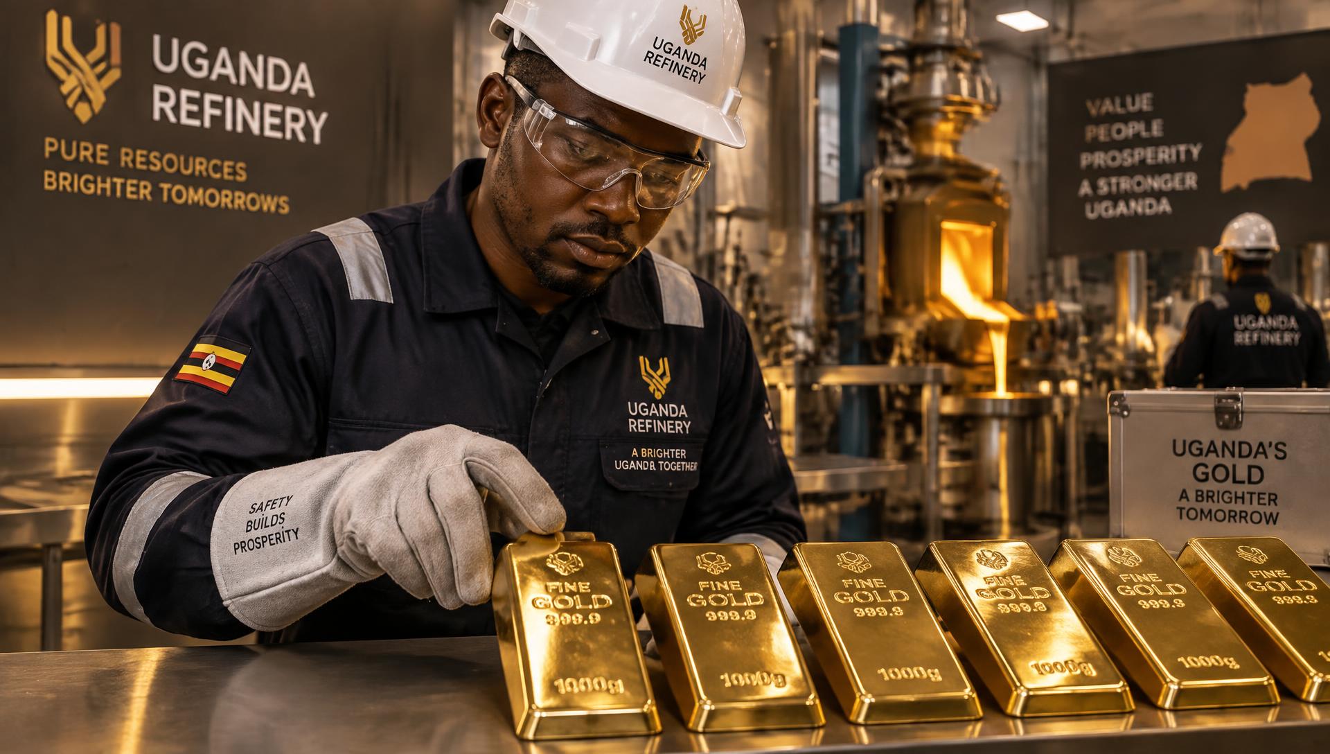 Ugandan refinery technician in protective equipment inspecting refined gold bars in Kampala